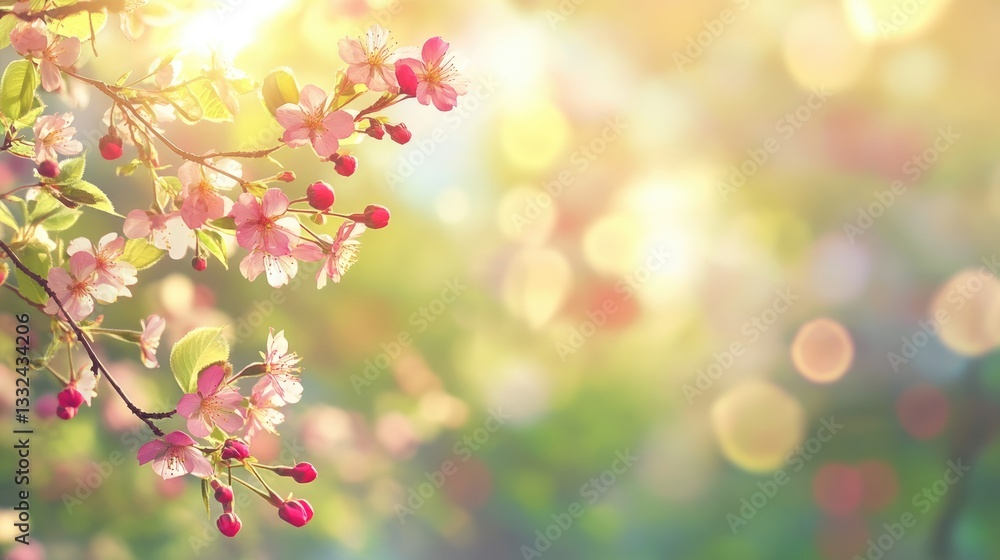 Fototapeta premium Spring greetings card with colorful cherry blossom branches in sunlight and blurred background
