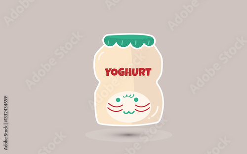 A charming digital illustration of a yoghurt bottle with a playful and adorable face design, set against a transparent background.