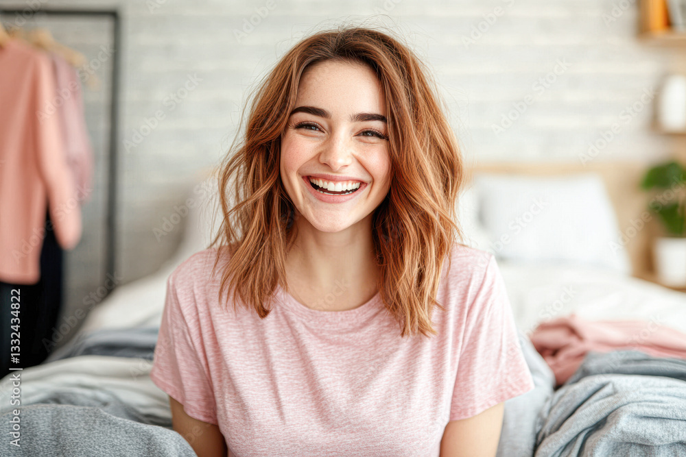 Smiling woman in casual attire sitting on a cozy bed. Smiling woman in casual attire sitting on a cozy bed.