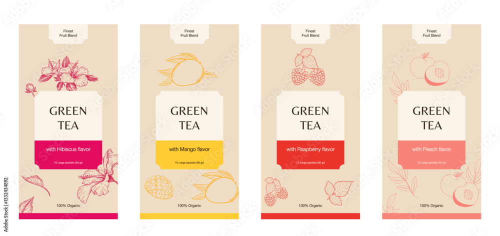 Tea Labels Vector Set. Fruit and Berries Tea Packaging Design Layouts Bundle. Modern Typography, Hibiscus, Mango, Raspberry, Peach flavors. Tea Labels Vector Set. Fruit and Berries Tea Packaging Design Layouts Bundle. Modern Typography, Hibiscus, Mango, Raspberry, Peach flavors.
