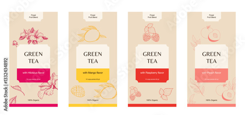 Tea Labels Vector Set. Fruit and Berries Tea Packaging Design Layouts Bundle. Modern Typography, Hibiscus, Mango, Raspberry, Peach flavors.