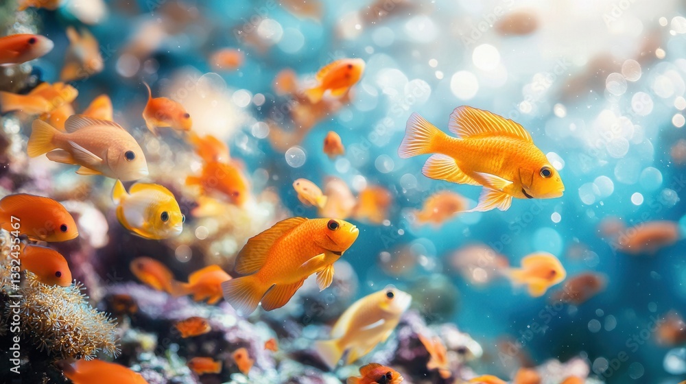 Mesmerizing underwater scene with a diverse school of colorful fish gracefully swimming through a vibrant and flourishing coral reef ecosystem
