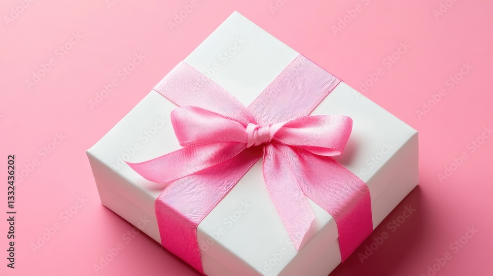 White gift box with pink ribbon on pink background with mockup card. Occasion banner with copy space. White gift box with pink ribbon on pink background with mockup card. Occasion banner with copy space.