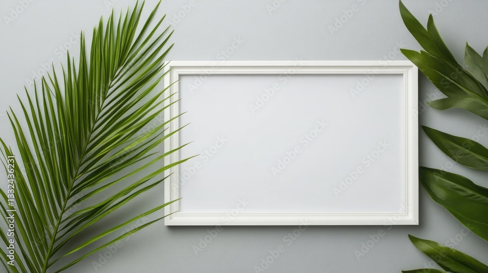 White mock-up frame and palm leaf for home decor and artwork display on grey background. Close-up view with space for text. White mock-up frame and palm leaf for home decor and artwork display on grey background. Close-up view with space for text.