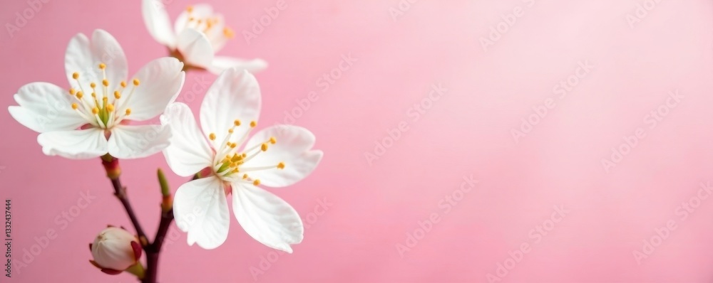 Delicate white blossoms on soft pink backdrop, fresh, floral Delicate white blossoms on soft pink backdrop, fresh, floral