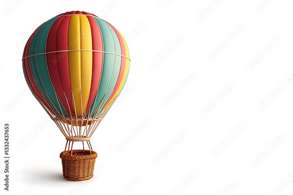 Fototapeta premium Whimsical hot air balloon with a wicker basket on solid white background.