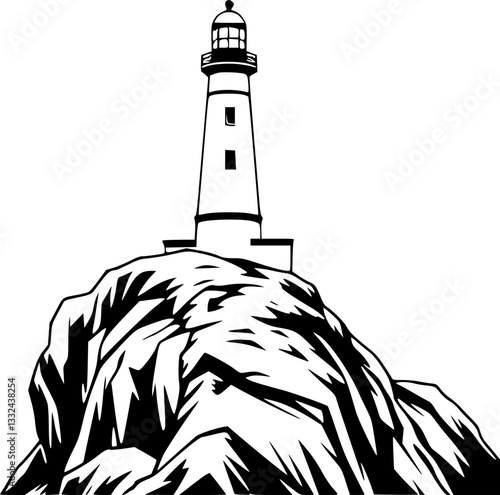 Monochrome lighthouse standing on a rocky cliff overlooking the sea with dramatic waves and a scenic landscape in a minimalist black and white artistic style