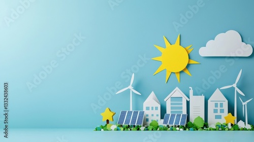 A paper-art style cityscape with wind turbines and solar panels in the foreground