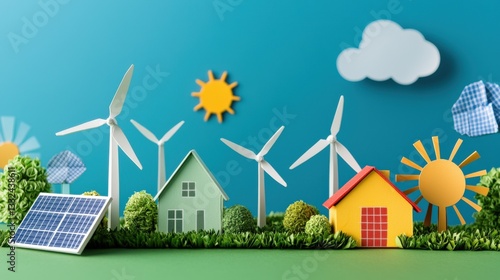 A paper-art style cityscape with wind turbines and solar panels in the foreground