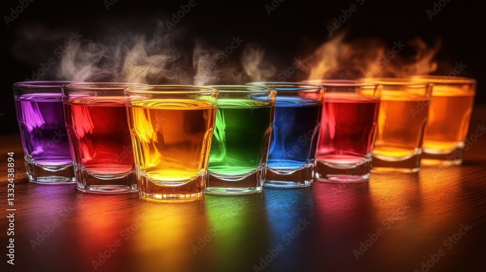 Colorful shot glasses with smoke