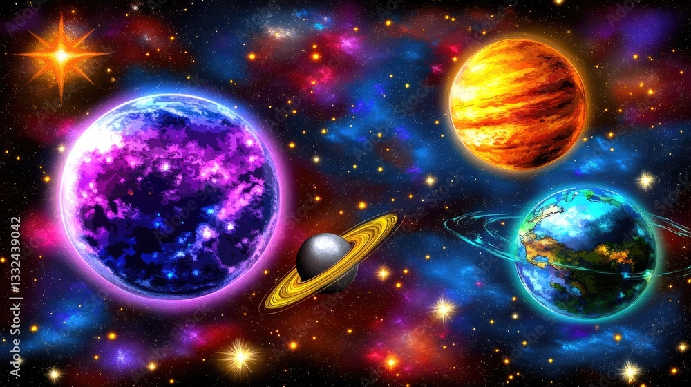 Colorful planets in vibrant galaxy Colorful planets in vibrant galaxy