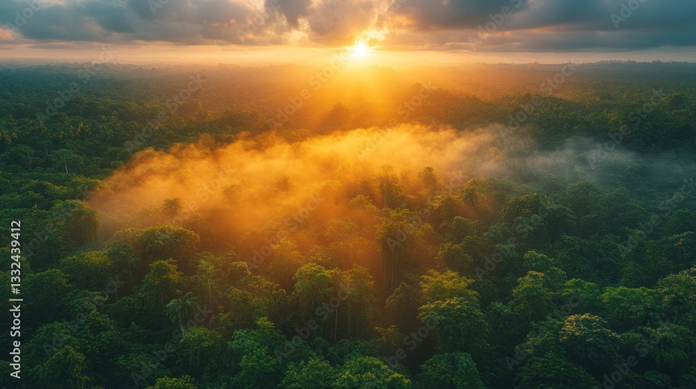Naklejka premium Aerial sunrise over misty rainforest canopy
