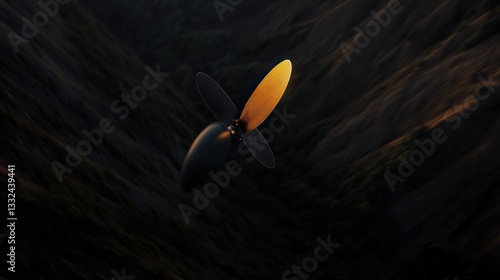 Aerial view of a drone propeller over a dark mountain valley at sunrise photo