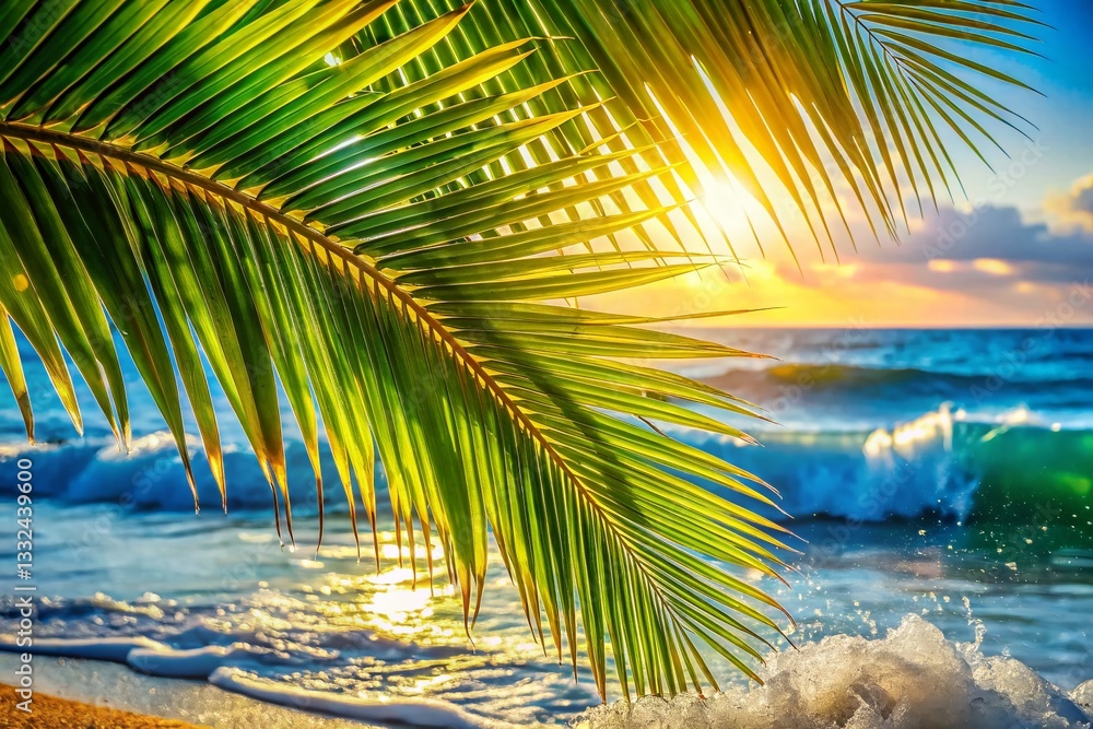 Fototapeta premium Tropical Paradise: Close-Up Macro of Palm Fronds and Ocean Waves