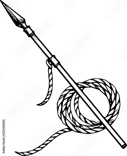 Monochrome Harpoon with Rope Attached Detailed Black and White Illustration for Design Print or Digital Media