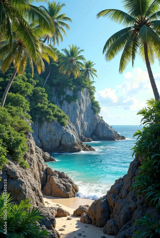 An island of rocky mountains and palm trees surrounded by greenery, washed by water An island of rocky mountains and palm trees surrounded by greenery, washed by water