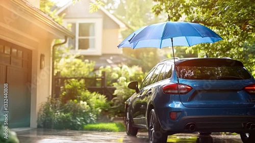 A blue car parked in a driveway under a blue umbrella in a serene suburban neighborhood during sunny weather