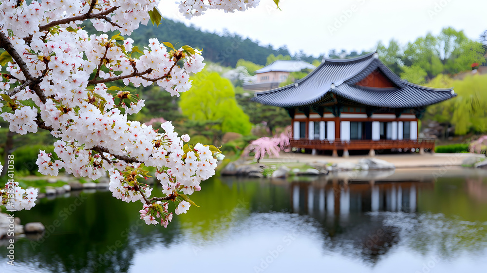 Serene Garden with Cherry Blossoms Reflecting on a Pond Serene Garden with Cherry Blossoms Reflecting on a Pond