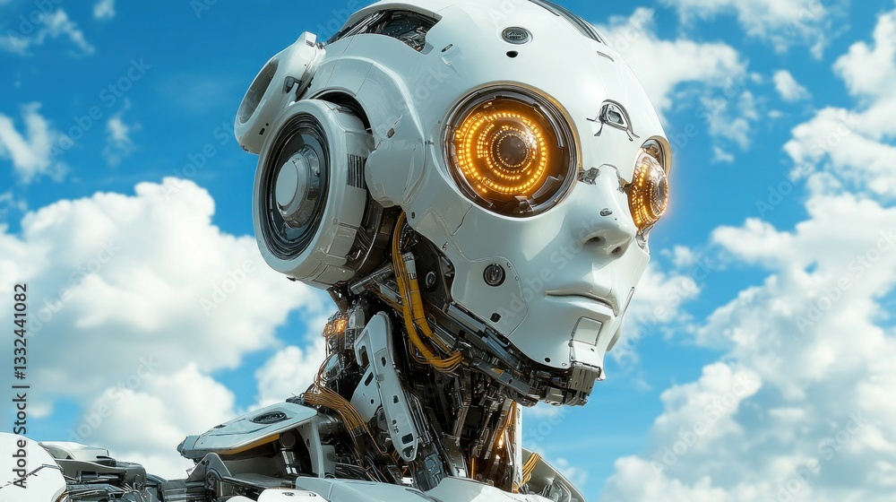 Fototapeta premium Advanced robotic head against a vibrant sky
