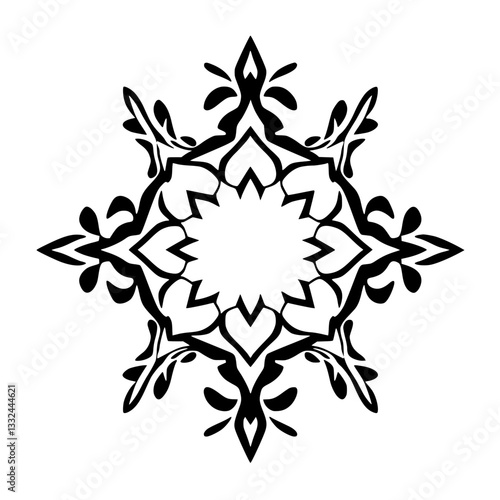 Intricate symmetrical black and white floral mandala design with a central flower motif and ornate, stylized leaf-like patterns emanating outwards.