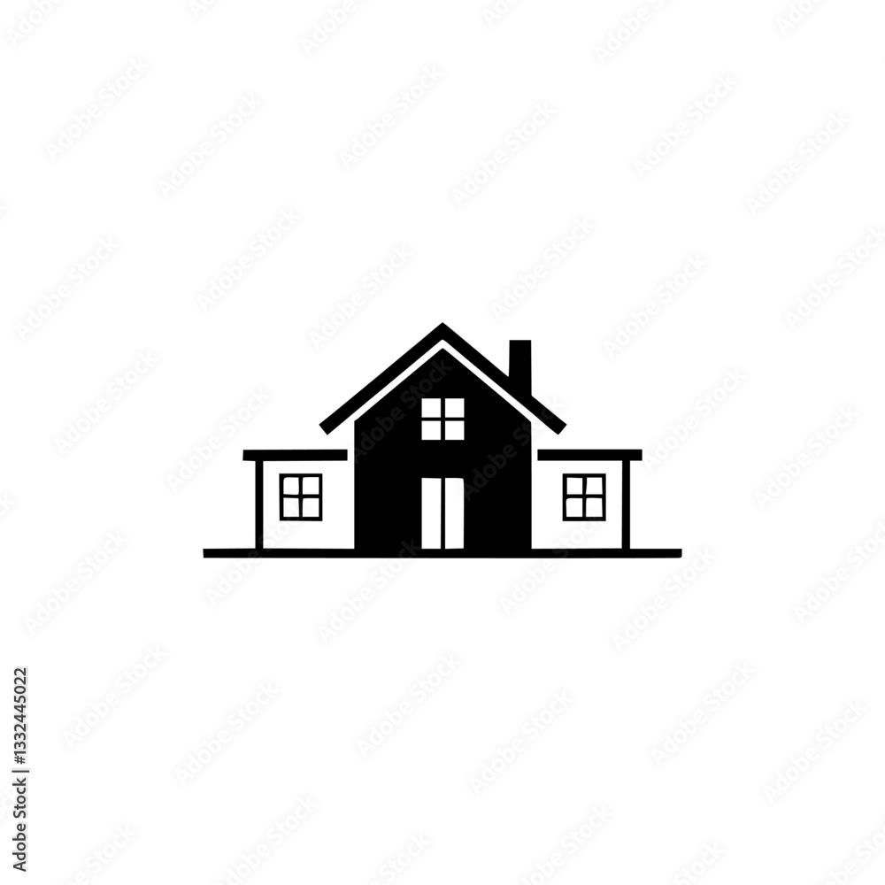 Simple monochrome house illustration, symmetric composition with a central gable, flanking wings, and a clean, minimalist aesthetic. Simple monochrome house illustration, symmetric composition with a central gable, flanking wings, and a clean, minimalist aesthetic.