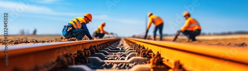Workers laying railway tracks under a clear blue sky, showcasing teamwork and construction efforts in the transportation industry.