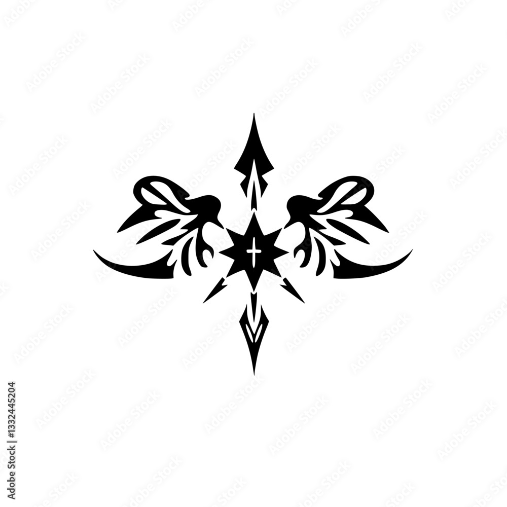 Symmetrical, black tribal-inspired design with an eight-pointed star featuring a cross, adorned with curved and pointed shapes, against a white backdrop. Symmetrical, black tribal-inspired design with an eight-pointed star featuring a cross, adorned with curved and pointed shapes, against a white backdrop.
