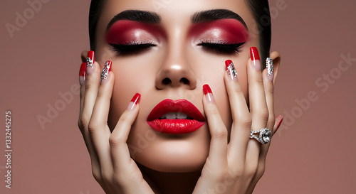Sensual close-up portrait with red makeup. A captivating close-up portrait of a woman with red lips and artistic makeup.
