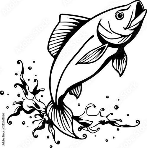 Flying Fish Leaping Monochrome Black and White Minimalist Simple Ocean Sea Marine Life Nature Wildlife Underwater Creature Jumping Motion Dynamic Speed Freedom Illustration Art Design Graphic Vector L