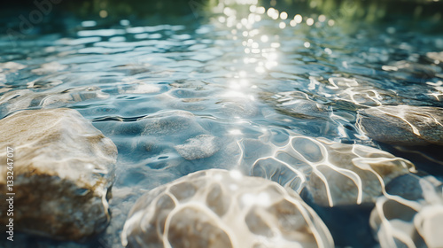 Sunlit Streambed Clear Water Flowing Over Smooth River Rocks