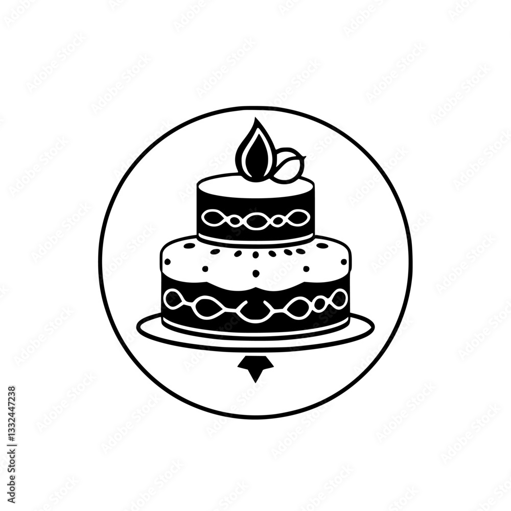 Elegant Black and White Two-Tier Cake Icon with Floral Topping and Circular Frame, Illustrative Design Elegant Black and White Two-Tier Cake Icon with Floral Topping and Circular Frame, Illustrative Design