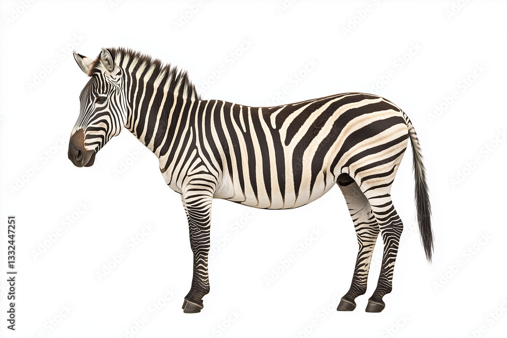 Obraz premium A full-length side profile of an African zebra standing against a plain white background, showcasing its black and white striped pattern.