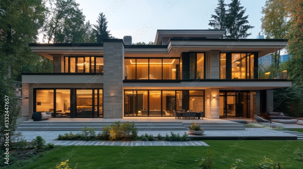 This exquisite luxury home showcases a perfect blend of modern architecture and natural surroundings. With expansive glass windows, it invites the outside in, creating a tranquil oasis This exquisite luxury home showcases a perfect blend of modern architecture and natural surroundings. With expansive glass windows, it invites the outside in, creating a tranquil oasis