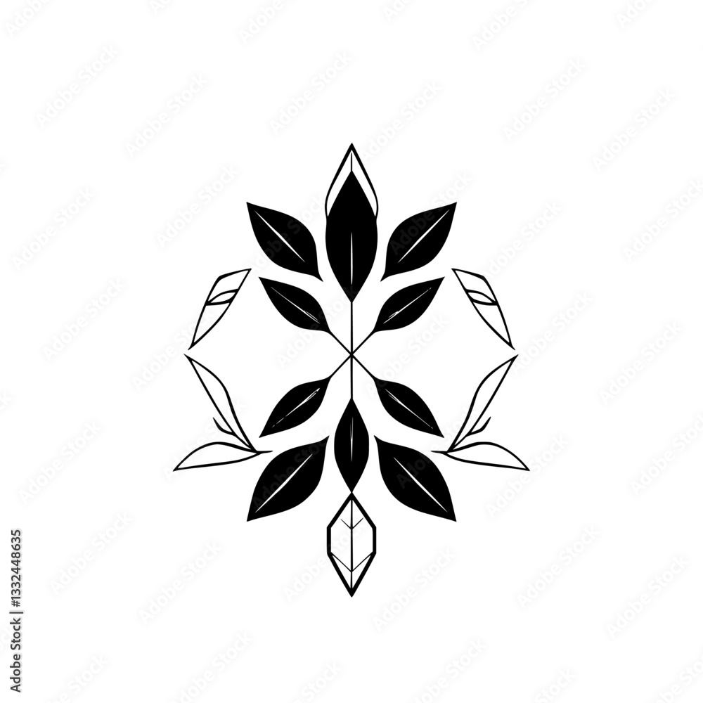Fototapeta premium Symmetrical Black Leaf Design on White: Elegant, Minimalist Botanical Illustration with Geometric Accents.