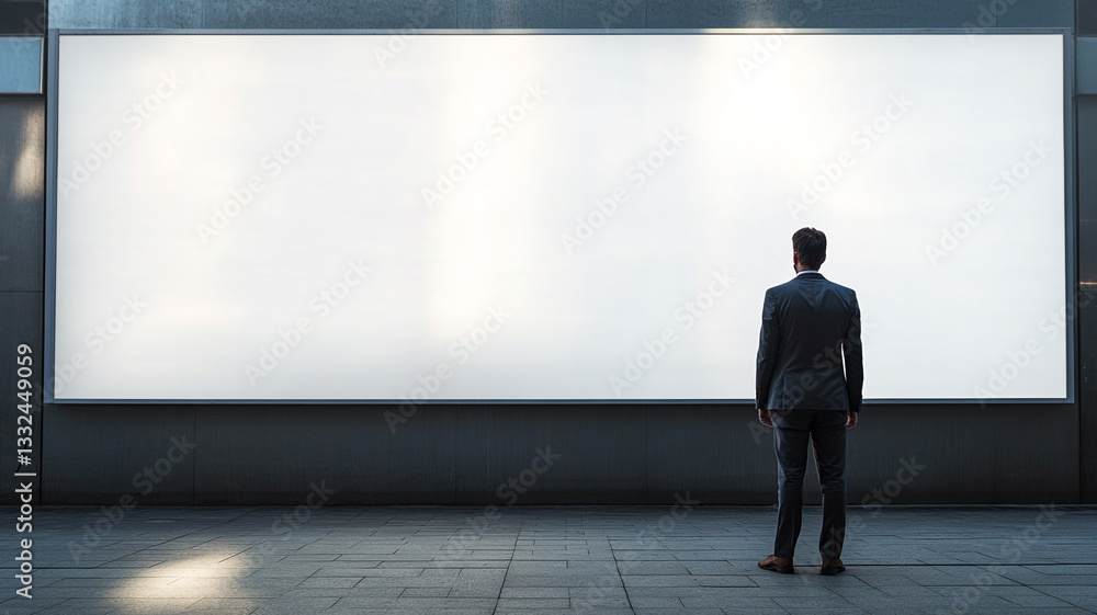 A businessman stands in front of empty white billboard A businessman stands in front of empty white billboard