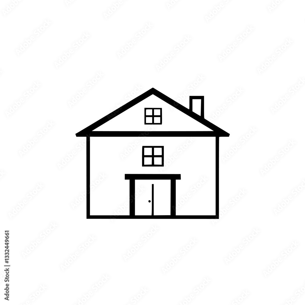 Simple, minimalist illustration of a two-story house with a gabled roof, windows, and a chimney, isolated on a white background. Simple, minimalist illustration of a two-story house with a gabled roof, windows, and a chimney, isolated on a white background.