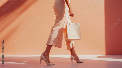 A detailed shot of a woman's lower body as she walks gracefully, holding a chic shopping bag in one hand