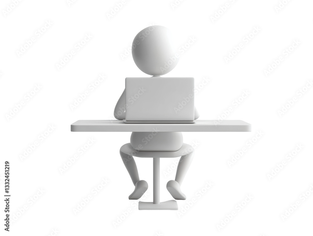 Isolated 3D White Figure Working on Laptop at Desk Front View Isolated 3D White Figure Working on Laptop at Desk Front View