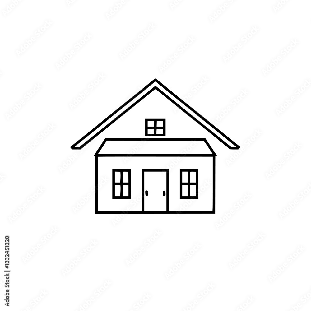 Minimalist Black and White Vector Illustration of a Simple House with Triangular Roof, Windows, and Door, on White. Minimalist Black and White Vector Illustration of a Simple House with Triangular Roof, Windows, and Door, on White.