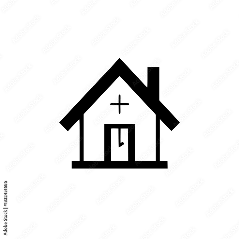 Simple Black and White Icon of a House with a Cross Symbol, Chimney, and Door, Representing Healthcare or Home. Simple Black and White Icon of a House with a Cross Symbol, Chimney, and Door, Representing Healthcare or Home.