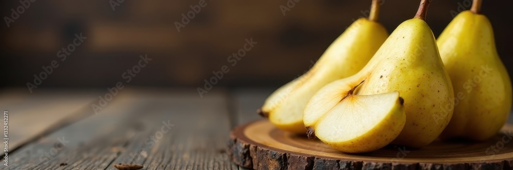 Perfectly stacked pear slices, rustic background, brown, stack Perfectly stacked pear slices, rustic background, brown, stack