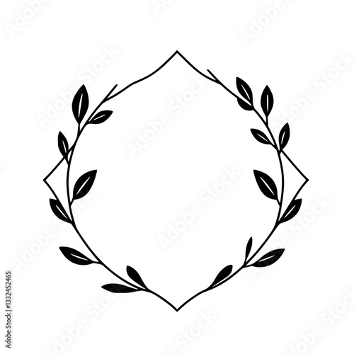 Simple monochrome vector illustration of a geometric floral wreath design with leaves arranged around the frame in a circular fashion.