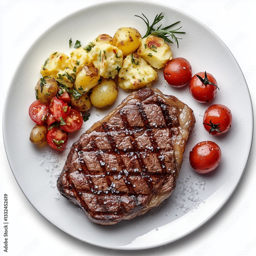 Mouthwatering grilled ribeye steak served on a plate with roasted potatoes and cherry tomatoes, garnished with fresh rosemary, offering a flavorful and appetizing dining experience. Mouthwatering grilled ribeye steak served on a plate with roasted potatoes and cherry tomatoes, garnished with fresh rosemary, offering a flavorful and appetizing dining experience.