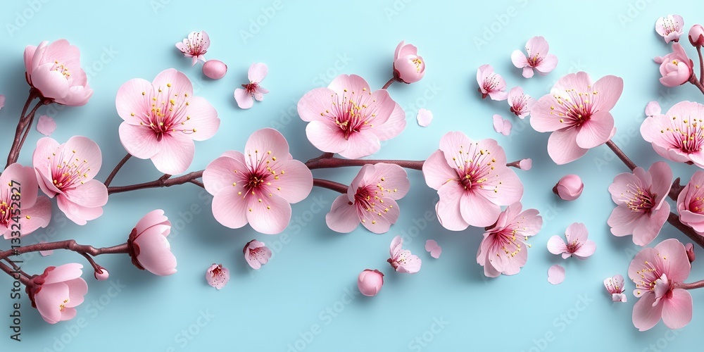 Beautiful Pink Cherry Blossom Branches on Light Blue Background Spring Floral Design Beautiful Pink Cherry Blossom Branches on Light Blue Background Spring Floral Design