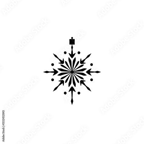 A geometric black and white snowflake design with arrow-like details, emanating from a central star-like structure, on a white background.