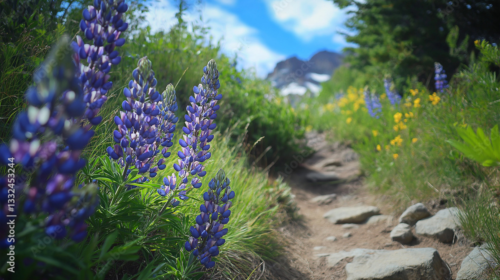 Obraz premium Lupine flowers on a hiking trail in summer, low angle view