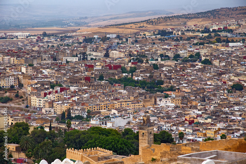 Aerial view of the Fez el Bali medina. Is the oldest walled part of Fez, Morocco. Fes el Bali was founded as the capital of the Idrisid dynasty between 789 and 808 AD