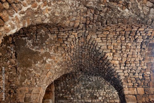 View of the old vaulted ceiling of the ancient crusader castle in the historic city of Byblos. The city is a UNESCO World Heritage Site. Lebanon.