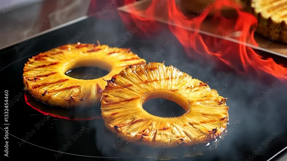 Grilled pineapple slices sizzle with smoke and flames on hot griddle