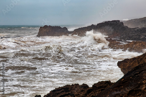 View of the stormy water of the Atlantic Ocean in the area of Essaouira in Morocco.